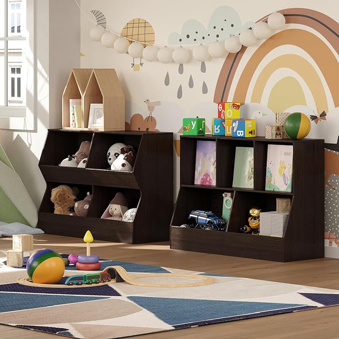 DINZI LVJ Kids Bookshelf, Toy Storage Organizer, Wooden Toy Storage Cabinet, 4 Cubby Children Bookcase, 43.3" L Toddler Book Shelf for Bedroom, Nursery, Hallway, School, Espresso