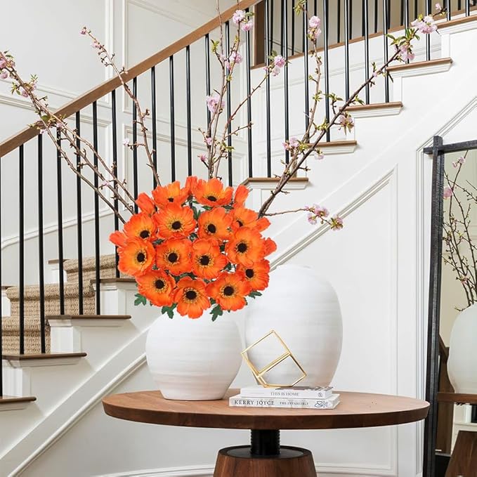 Hollyone 10 Heads Orange Poppy Flowers Artificial 2Pcs Fake Poppies Flowers Bouquets with 7 Heads Full Bloom Poppy & 3 Buds Bouquet Stems Spring Sumer Faux Floral Flower Arrangement for DIY Home Decor