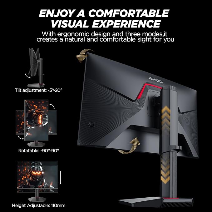 KOORUI 24.5 Inch Gaming Monitor, 1ms, 320Hz Monitor, HDR400, 95% DCI-P3, IPS Display, Adaptive Sync Compatible, Tilt Vertical Height Adjustable, VESA Mount 75x75mm, HDMI & DisplayPor, G2511E