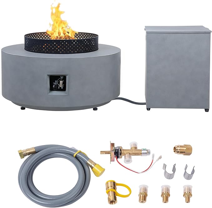 Fire Pit Table with Natural Gas Conversion Kit, 32 Inch 4-Piece Outdoor Propane Fire Pit Table 65,000 BTU Round Gas Firepit, Wind Guard, Tank Cover and BBQ Grill for Garden, Patio, Grey