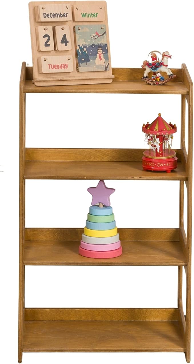 Montessori Bookshelf for Toddlers Solid Wood Toy Storage Shelf Organizer for Playroom and Classroom Floor Bookshelf for Kids Room (Oak, 4-Shelves)