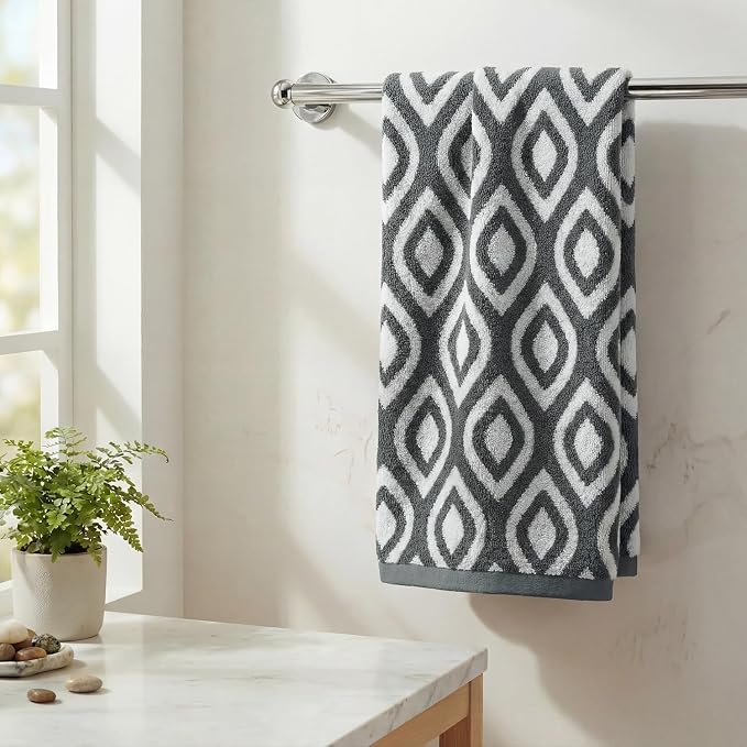 Artoid Mode 1 Pc Beige Grey Diamond Grid Jacquard Hand Towels for Bathroom, 100% Cotton Soft Absorbent Bathroom Decor Towels, 13.7 x 29.5 Inch