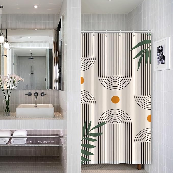 Boho Mid Century Shower Curtain Bohemian Minimalist Geometric Arch Sun Bathroom Curtain Sage Green Plant Polyester Shower Curtain Sets for Bathroom Extra Long 54x72 in with 10 Hooks