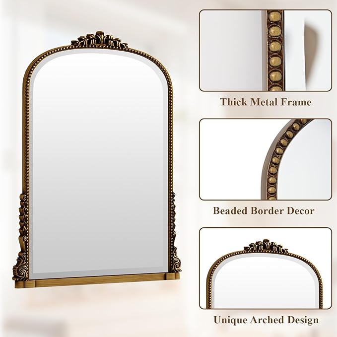 24"×32" Gold Wide Arched Wall Mirror, Vintage Carving Bathroom Vanity Makeup Mirror, as Wall Decor Hanging Leaning for Fireplace Mantle, Living Room, Bedroom, Vanity Area