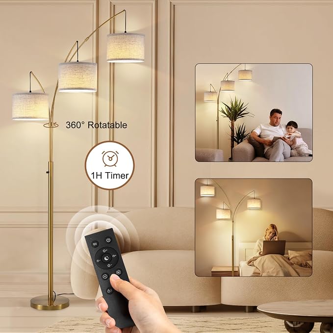 Netin Gold Floor Lamp, Arc Floor Lamps for Living Room Bright Lighting, 3 Light Dimmable Floor Lamp with Remote Control, 3 Color Temperature, Tree Floor Lamp for Bedroom Office