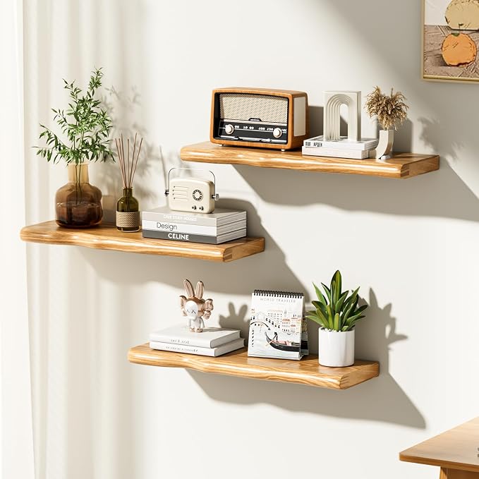Floating Shelves for Wall 24 Inch Wooden Floating Shelves Live Edge Shelf with Unique Natural Grain Wall Mounted Rustic Pine Wood Shelf for Living Room Bedroom Kitchen Bathroom (Natural)