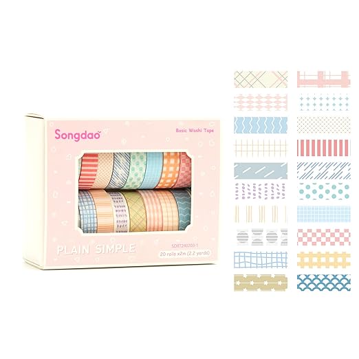 Songdao 20 Rolls Basic Washi Tape Set Japanese Arts Adhesive Tapes Simple Patterns Decorative Masking Tape Sets for Craft, Kids, Scrapbook, DIY, Gift Wrapping (Style One)