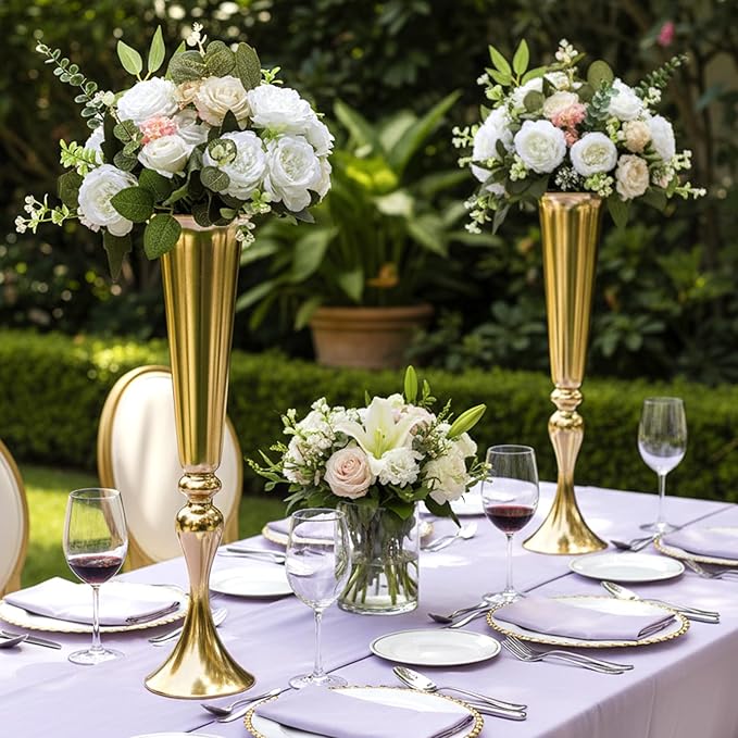 Set of 2 Tall Gold Vases for Centerpieces, 21.9" Metal Trumpet Flower Stand for Wedding Party Dinner Table Decor, Anniversary Celebration Gold Vase Centerpieces for Table