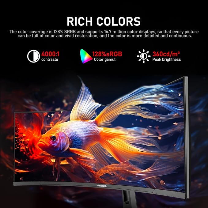 Gawfolk 34 Inch Ultrawide Curved 120Hz Gaming Computer Monitor 1500R PC Screen 21:9 UWQHD (3440x1440),Adaptive Sync,178° Viewing Angle,128% sRGB,Display Port、HDMI,Compatible with Wall Mounted -Black