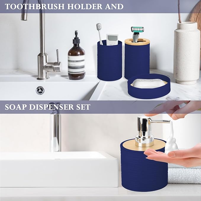 4 Pieces Bamboo Bathroom Accessories Set, Bathroom Accessory Set with Soap Dispenser and Toothbrush Holder, Soap Dish and Toothbrush Cup, Boho Bathroom Décor(Navy Blue)