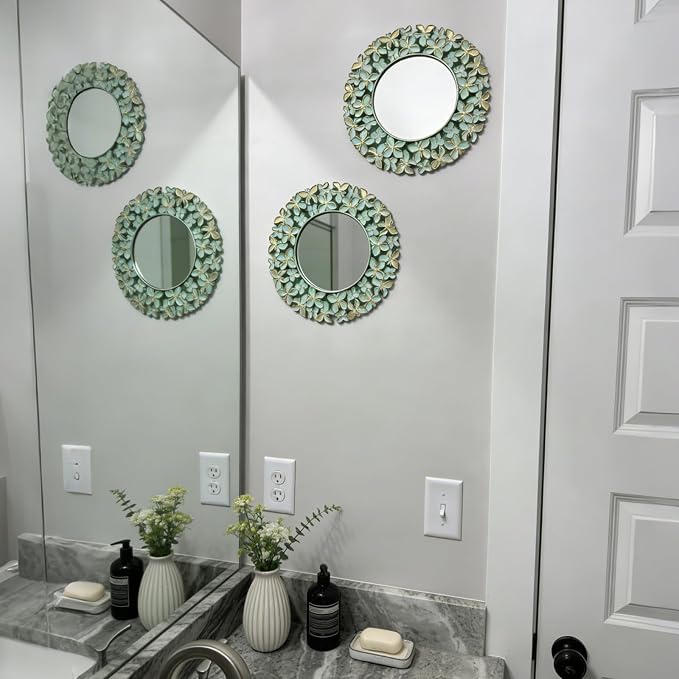 DXYAKY 3 Pack Floral Ornate Decorative Wall Mirror - Elegant Mint Green with Gold Accents, 9.8" Plastic Round Mirror Set, Lightweight Wall Art Décor for Bedroom, Bathroom, Living Room & Entryway