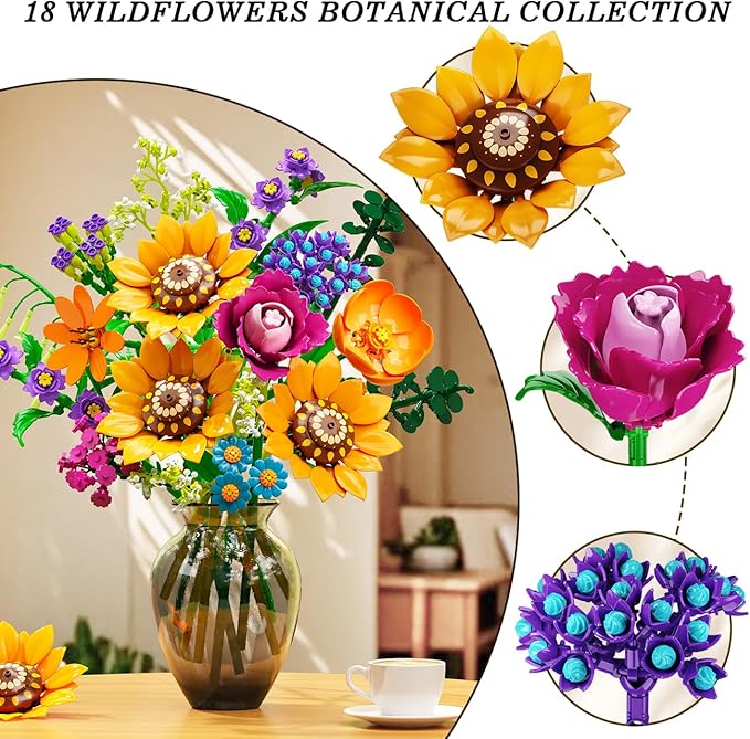 Wild Flowers Bouquet Building Set with Lights - Wildflower 18 Flower Botanicals Collection Building Blocks Sunflower Rose Violet Plants Home Decor Gift for Her Adults Women Girls 12+ (912PCS)