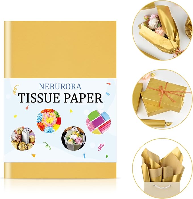 NEBURORA Metallic Gold Tissue Paper - 120 Sheets, 14 x 20 Inches, Bulk Gold Wrap Paper for Gift Bags, Packaging, Floral Filler, Crafts, Christmas, Birthday, Wedding Decor