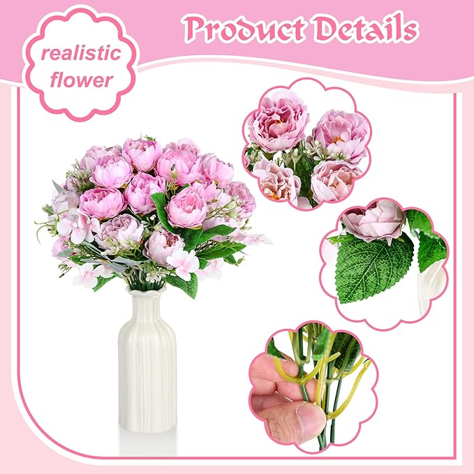 Olgaa 12 Bundles Peonies Artificial Flowers Fake Peony Bouquet Faux Peonies Flowers Bulk with Stems Flower Balls for Centerpiece Table Decorations Wedding Bridal Floral Arrangement (Purple Pink)