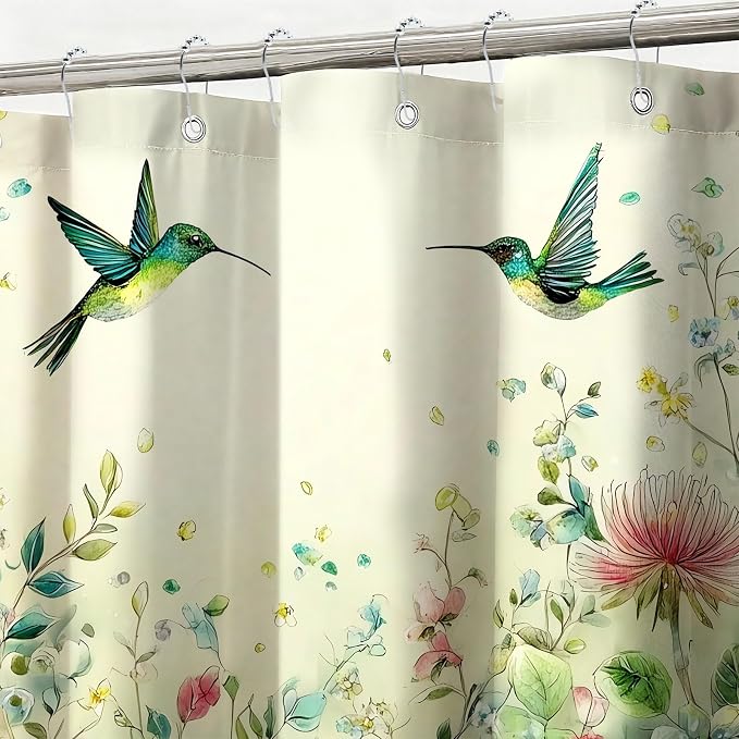 Green Leaf Flowers Shower Curtain Hummingbird Shower Curtains for Bathroom Waterproof Fabric Bath Curtain Decor with Hooks