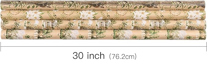 RUSPEPA Christmas Wrapping Paper Set, Jumbo Roll, Vintage Reindeer, Cabin, Bear and White Flower Design, Kraft Gift Wrap for Christmas, Holiday, Rustic Wedding, 4 Rolls, 30 inches x 10 feet per Roll