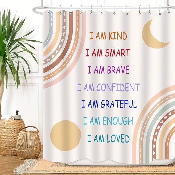 Boho Rainbow Quotes Shower Curtain Colorful Inspirational Positive Kids Teen Girls Abstract Moon Sun Fabric Home Bathroom Decor Waterproof Fabric 72Lx60W Inch with Plastic 12PCS Hooks