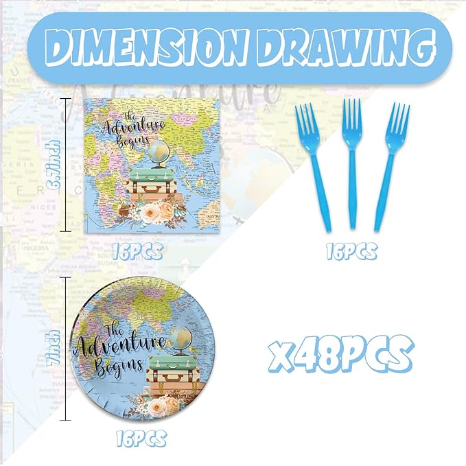 48Pcs Travel Themed Adventure Begin Bon Voyage Party Decorations Plates Napkins Forks for Boys Girls Serve 20 Guests