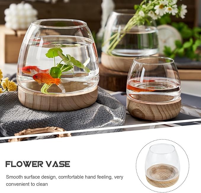 FAVOMOTO Hydroponic Flower Vase with Wooden Base Transparent Glass Micro Landscape Bottle for Desktop Decoration Premium Glass and Wood Material for Home Office Study Plant Display