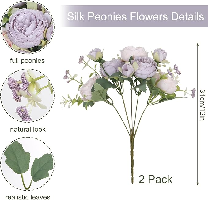 SOMYTING Peonies Artificial Flowers, Fake Flowers Purple Peonies Faux Flowers Vintage Artificial Silk Flower Peonies Bouquets Floral Arrangements Home Wedding Party Table Decor (Pink Purple, 2PCS)