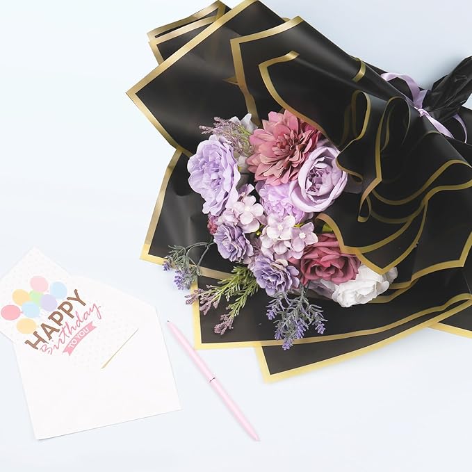 40 Sheets Flower Wrapping Paper, Waterproof Floral Paper Black Wrapping Paper for Flower Bouquet with 12 Pcs Gold Butterfly