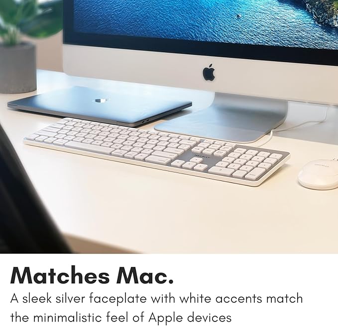 Macally Backlit Wired Keyboard for Mac | Compatible Apple Keyboard with Numeric Keypad | Comfortable All Day Typing, Compatible on MacBook Pro/Air, iMac, Mac mini/Pro - Silver