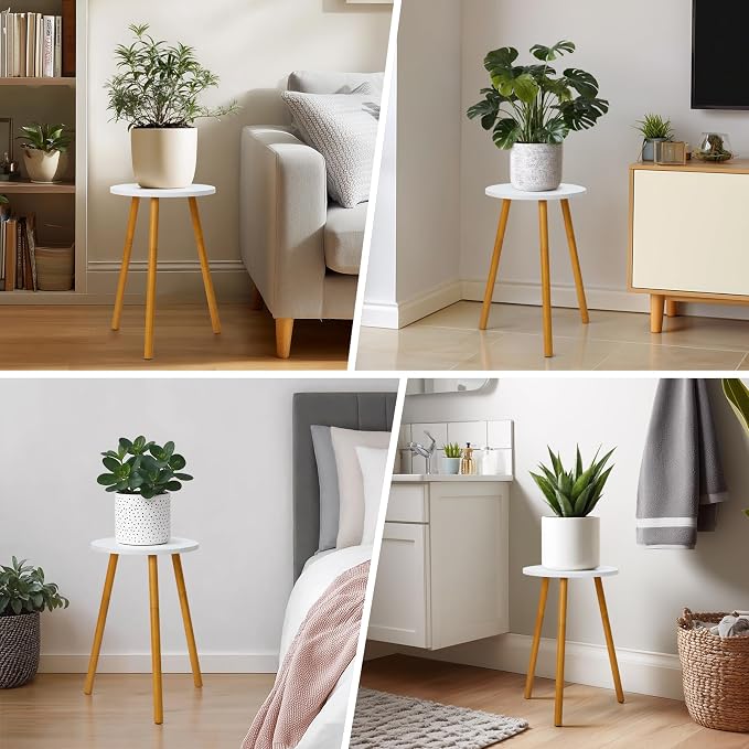 KINNARY Tall Plant Stand Indoor, Mid Century Wood White Flower Stand for Corner, Metal Plant Holder, Modern Home Decor Small Round Side End Table (11.8"x20")