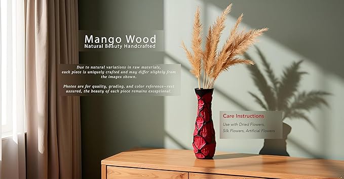 Beautifully Carved 10-Inch Red & Black Mango Tree Wood Vase | Handcrafted Decorative Wooden Flower Vase | Elegant Home Decor Accent