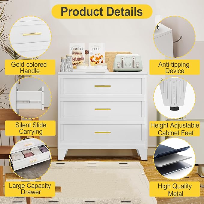 34.25" Tall Metal Dresser for Bedroom, 3 Drawer White File Cabinet with Gold Handles, Dressers Chests with Fluted Panel, Vertical Drawer Storage Cabinet for Living Room, Entryway, Hallway