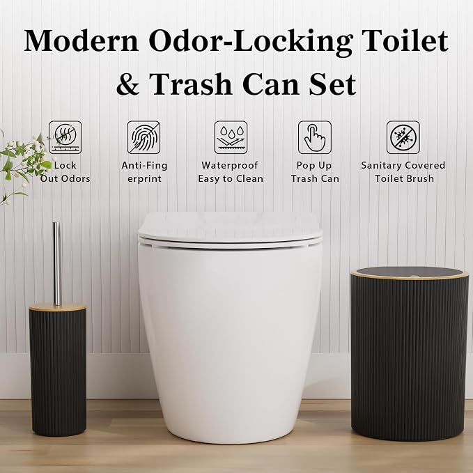 10PC Bathroom Accessories Set - Black and Wooden Bathroom Sets, Bathroom Accessory Set with Pop Up Trash Can, Toilet Brush, Trash Can, Qtip Holder & Soap Dispenser