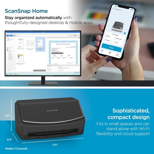 ScanSnap iX1600 Document Scanner - Wireless & USB, High-Speed with Touchscreen & Auto Feeder - Black