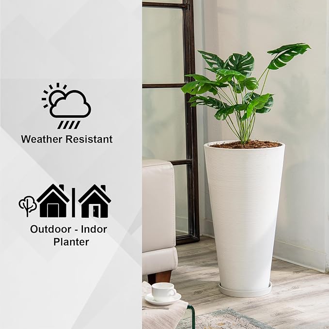 XBrand Modern 28-Inch Tall Round Planter, Modern Tapered Planter Perfect for Indoor & Outdoor Planter, Patio Décor, White