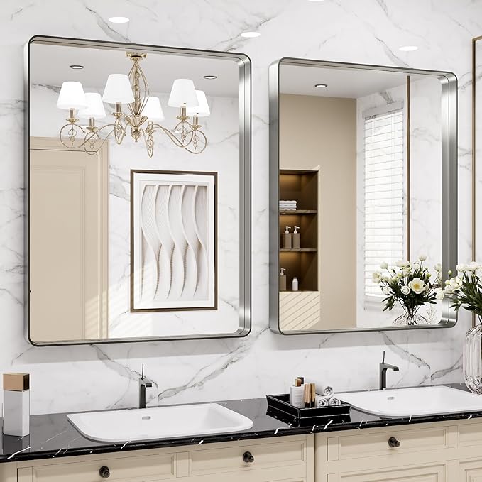 LOAAO 22X30 Inch Brushed Nickel Bathroom Mirror, Rounded Rectangle Silver Metal Frame Mirror, Brushed Nickel, Anti-Rust, Hangs Horizontally or Vertically