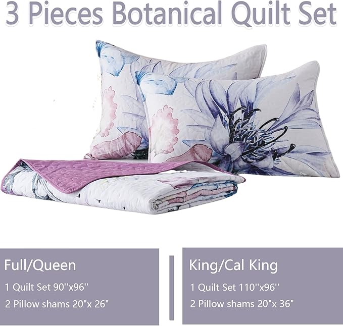 Yogeneg King Size Quilt Set, Elegant Floral Botanical Pattern Purple Bedding Set,3 Piece Lightweight Soft Summer Bedspread Coverlet with 2 PIillow Sham for All Season(Purple Floral,110"x96")