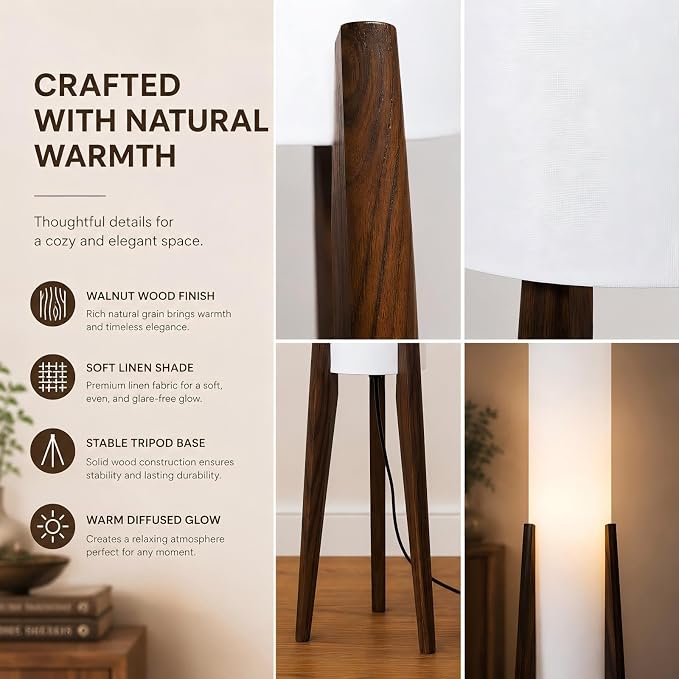 Bofea-Farmhouse Floor Lamp for Living Room & Bedroom,Walnut Wood Vintage Standings Lamp with Foot Switch, 3 Color White Fabric Tall Lamp,Decorative Tower Shade Lamp for Hotel Cafe Study