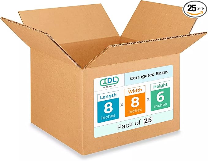 Small Moving & Shipping Boxes 8"L x 8"W x 6"H (25-Pack) - Extra Strength 200 lb vs Regular - Corrugated Boxes for Packaging Moving - Small Cardboard Box - Corrugated Box by IDL Packaging