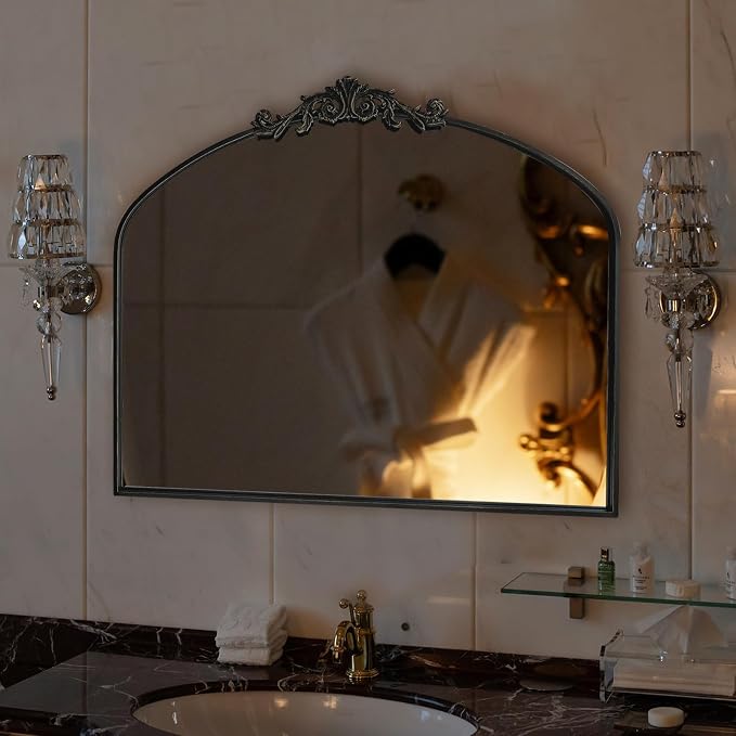 OUSHUAI Black Arched Mirror for Wall,Baroque Fireplace Mirror Decor,Brass Wall Mirror,Ornate Mirrors for Entryway/Bathroom/Living Room/Hallway 36"X30" …