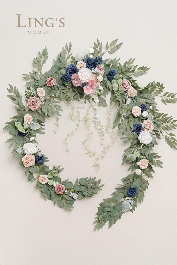 Ling's moment 9FT Eucalyptus and Willow Leaf Garland with White Flower, Handcrafted Wedding Sweetheart Table Centerpieces Head Table Decor Arch Backdrop Decorations for Wedding | Dusty Rose & Navy