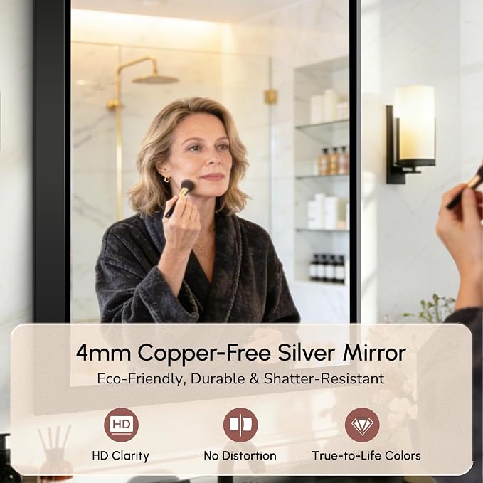 USHOWER 30x40 Inch Floating Bathroom Mirror - Brushed Black Wall Mirror for Over Sink, Beveled Aluminum Frame, Anti-Rust, Rectangular HD Reflection Large Vanity Mirror(Copper-Free Silver Coating)