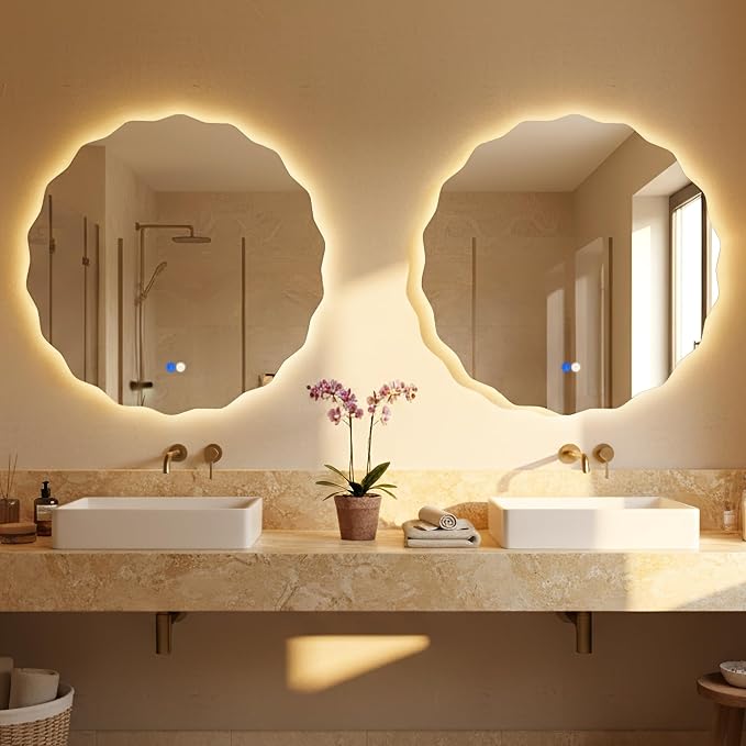Round Led Bathroom Mirror- 32" Wavy Vanity Mirror with Lights IP54 Enhanced Anti-Fog,Single Piece 3 Colors Dimmable, Memory,Tempered Glass,UL Listed