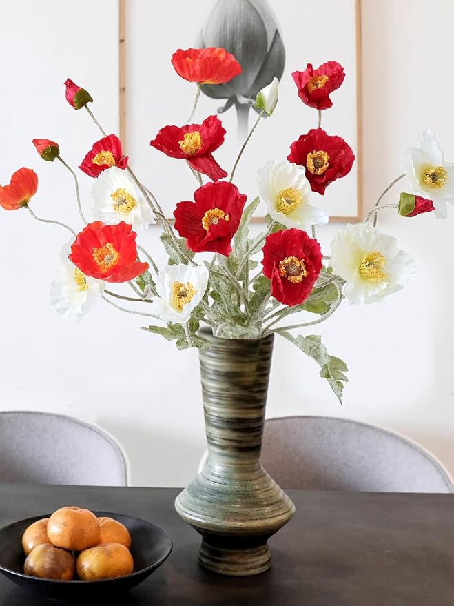 6PCS Red Poppy Flowers Artificial Silk Poppies Faux Bouquet for Christmas Fake Floral Home Decor Living Room Kitchen Party Xmas Red Table Centerpieces