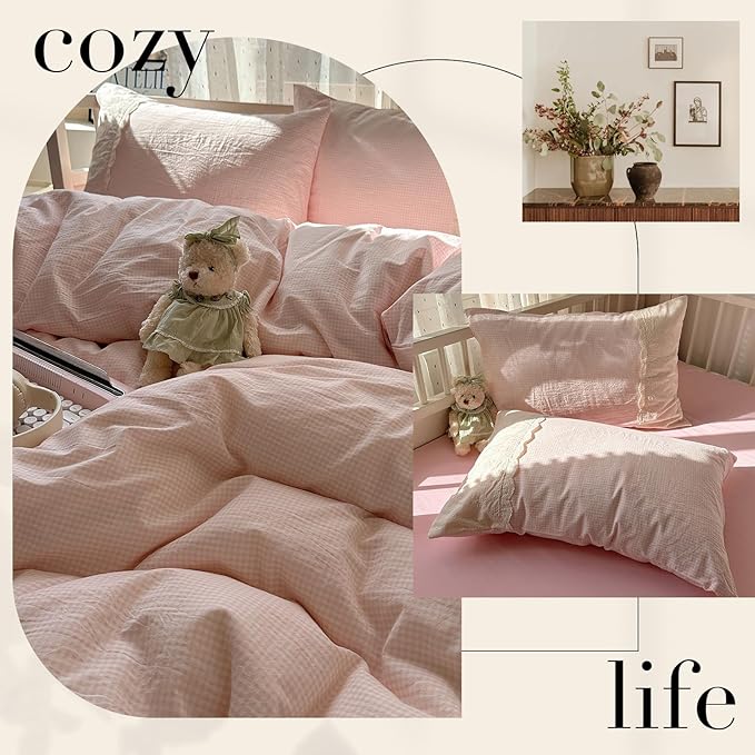 LifeTB Pink Gingham Duvet Cover Full Size 3 Pieces Romantic Lace Duvet Cover Pink Plaid Checkered Comforter Cover with 2 Pillowcases Soft Breathable Microfiber Grid Farmhouse Plaid Bedding Set