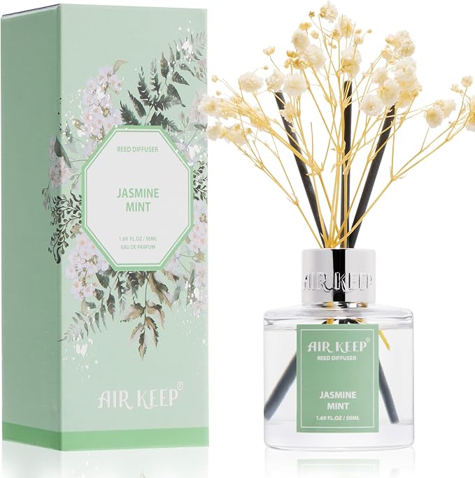 Airkeep Reed Diffuser Set,1.69 fl oz (50 ml) - Jasmine Mint Oil Diffusers with 8 Reed Sticks,Home Fragrance Reed Diffuser for Bathroom Shelf Decor