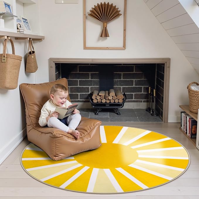 Lahome Yellow Rainbow Sun Round Rug: 4ft Washable & Non-Slip Low Pile with Cute Boho Print for Nursery, Bathroom, Bedroom, Kids Room & Dorm