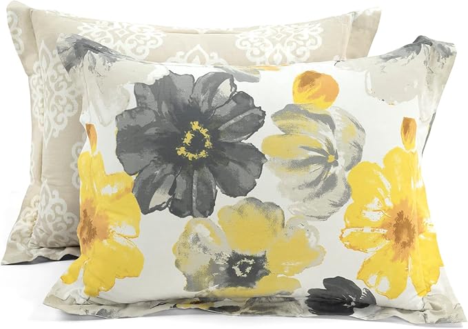 Lush Decor Leah Reversible 100% Cotton Duvet Cover Set, 3 Piece Set, King, Yellow & Gray - King Bedding Set - Yellow Duvet Cover - Country Floral Decor