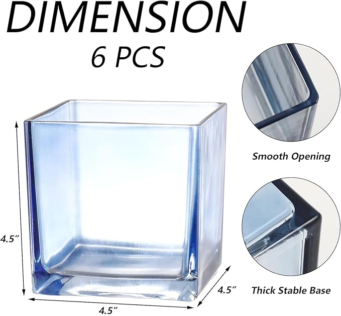 Square Blue Glass Vases Set of 6, 5" x 5" x 5" Flower Vases for Centerpieces, Square Vase for Centerpieces, Small Vase for Wedding, Party, Home Office Decoration