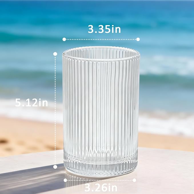XKXKKE 18 oz Ribbed Drinking Glasses Set of 6, High Clear Vintage Iced Coffee Cups Elegant Glassware, Highball Glass Cups Ridged Glass Tumbler for Cocktail, Whiskey, Beer, Water, Juice, Origami Style