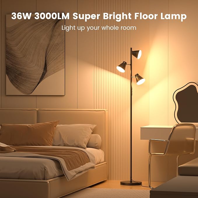 SIBRILLE 36W LED Tree Floor Lamp, Dimmable Tall Standing Lamp with Remote & Touch Control, 4 Color Temperatures Bright Floor Lamp, 3 Rotatable Light Modern Floor Lamps for Living Room Bedroom Office