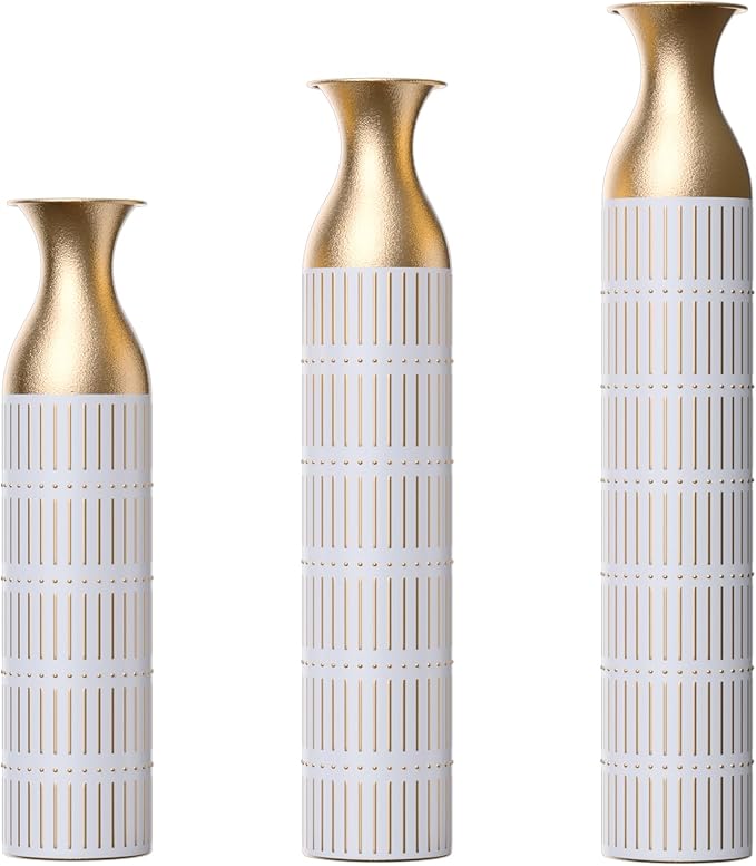 Metal Floor Vases Decorative, Set of 3 Flower Arrangement Stand, White Glazed Metal Decorative Vase Tall Distressed Metallic Centerpiece Vases, 33.5", 28.7", 24" H (White PU)
