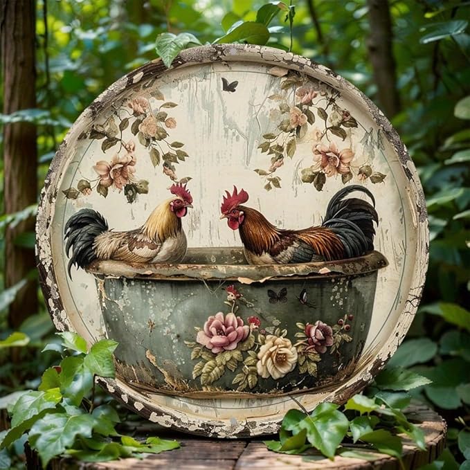 Vintage Round Bathroom Aluminum Metal Decor Sign, 7.98x7.98 Inch, Chicken Themed Wreath, Use Without Electricity, No Feathers, with for Home, Living Room Wall Decoration